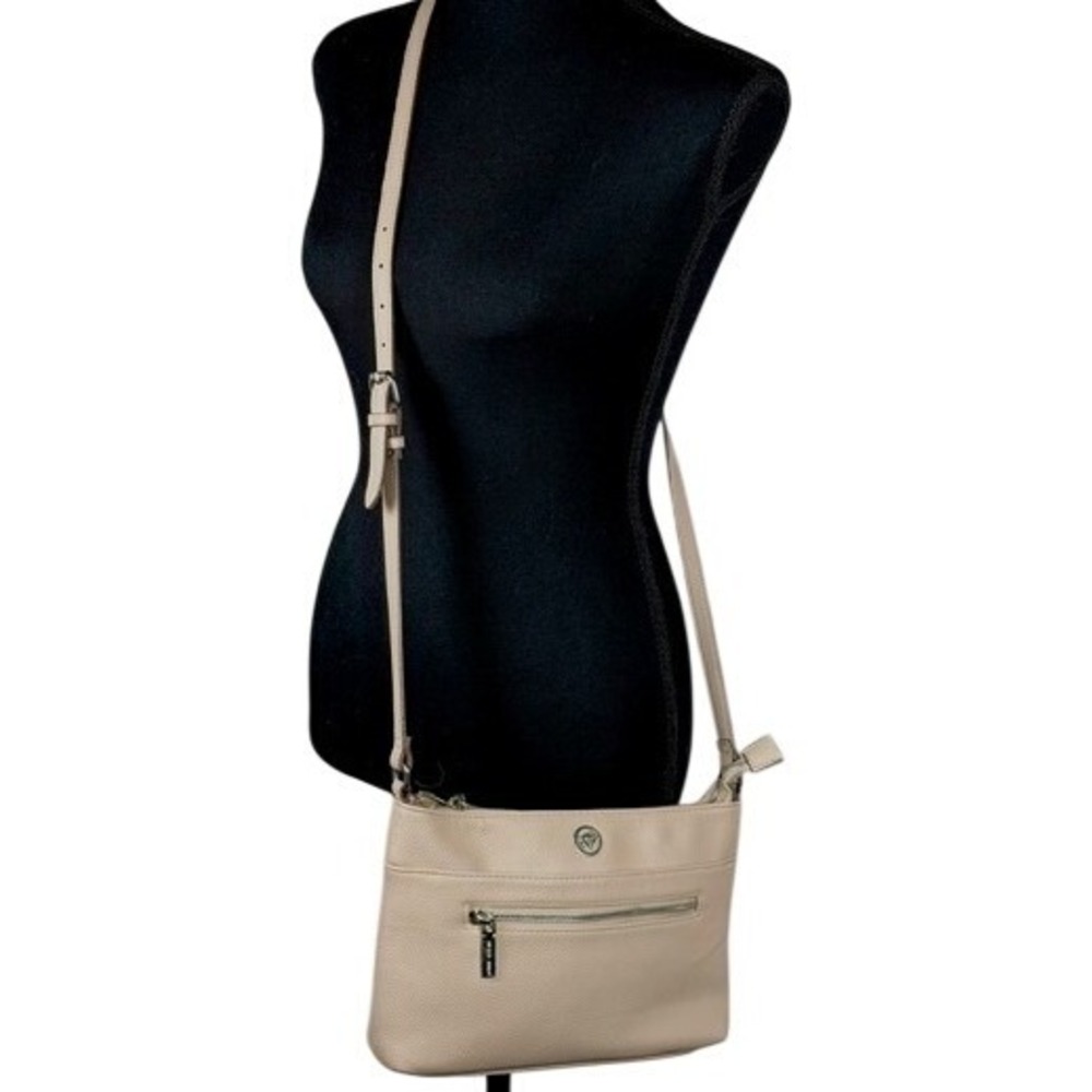 Anne Klein Beige Pebble Leather Crossbody Bag with Front Zip Pocket